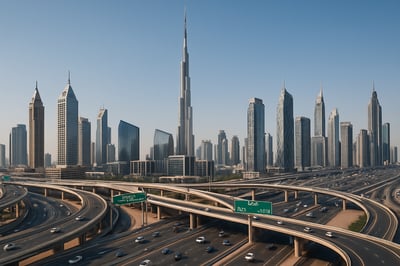 Dubai skyline with major toll roads and smooth flowing traffic